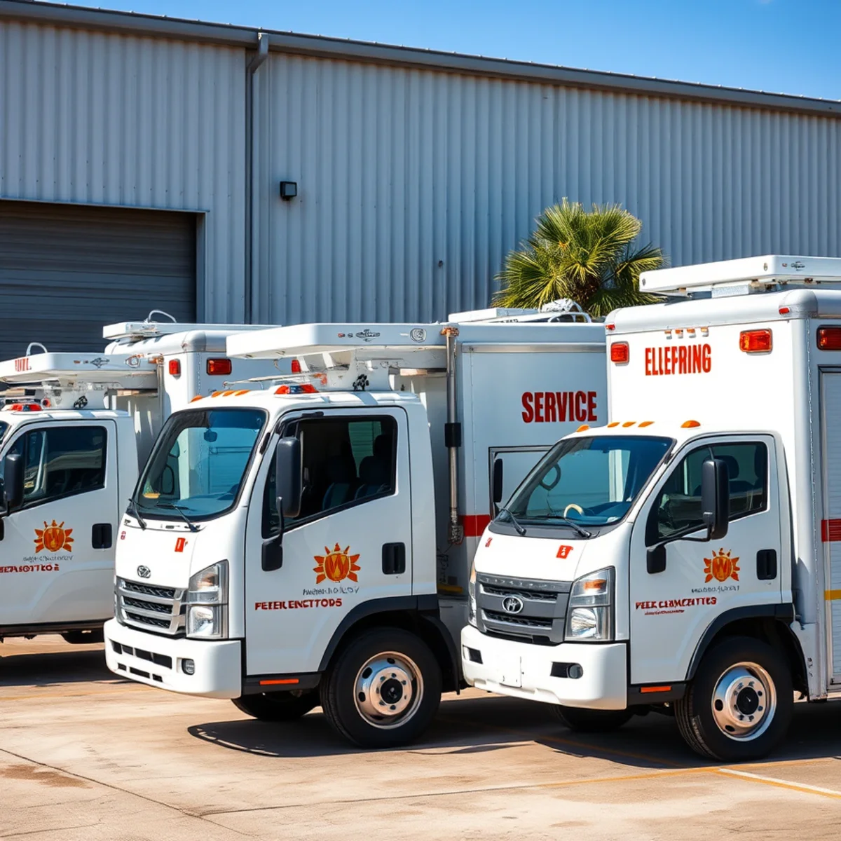 Fleet of League City Pro Plumbing mobile service trucks loaded with hydro jetters and water heaters