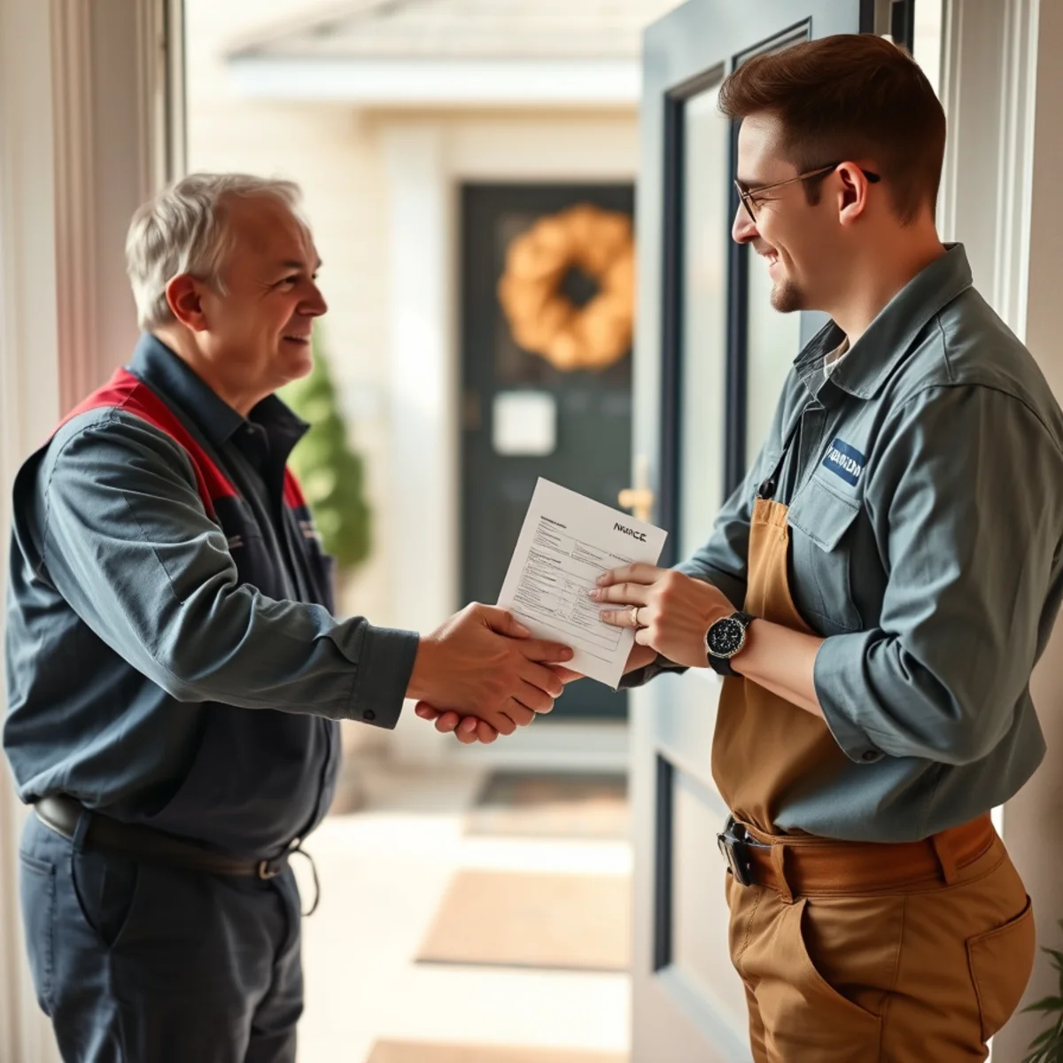 Happy League City homeowner thanking master plumber outside residential home after successful plumbing repair