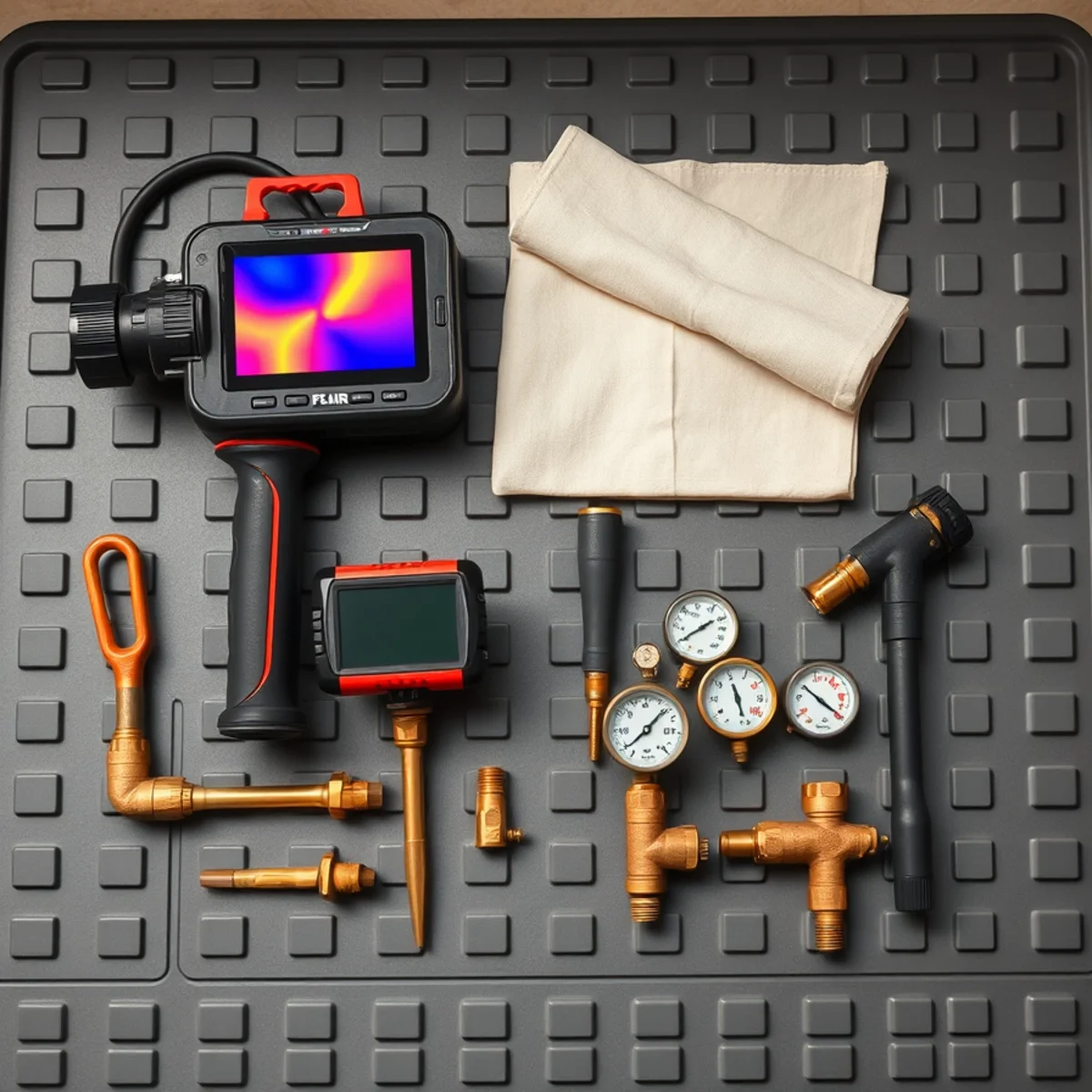 Commercial grade plumbing tools including hydro jetter nozzle, acoustic listening discs, and pipe inspection monitors